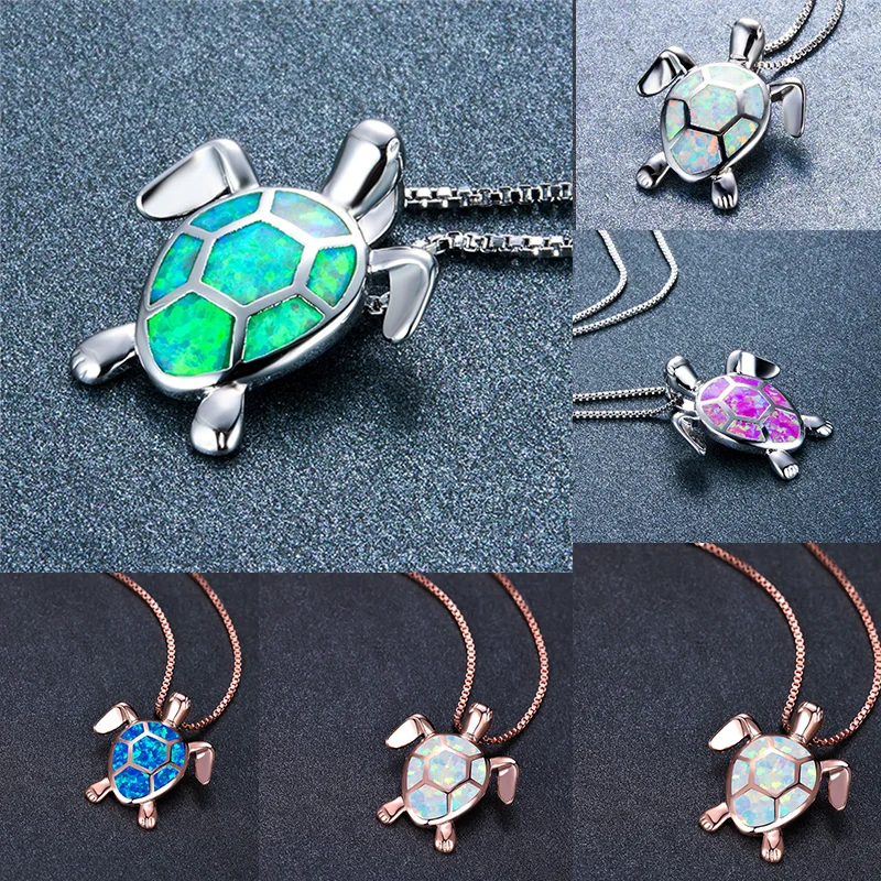 

Colorful Fire Opal Stone Necklace Cute Sea Turtle Pendant Necklaces For Women Vintage Gold Color Chain Necklace Wedding Jewelry