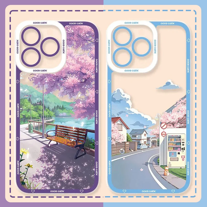 Sakura Landscape Phone Case For iPhone 15 14 Pro Max 13 12 Mini 11 Pro XR XS X 8 7 6 6S Plus SE 2020 Clear Soft Silicone Cover