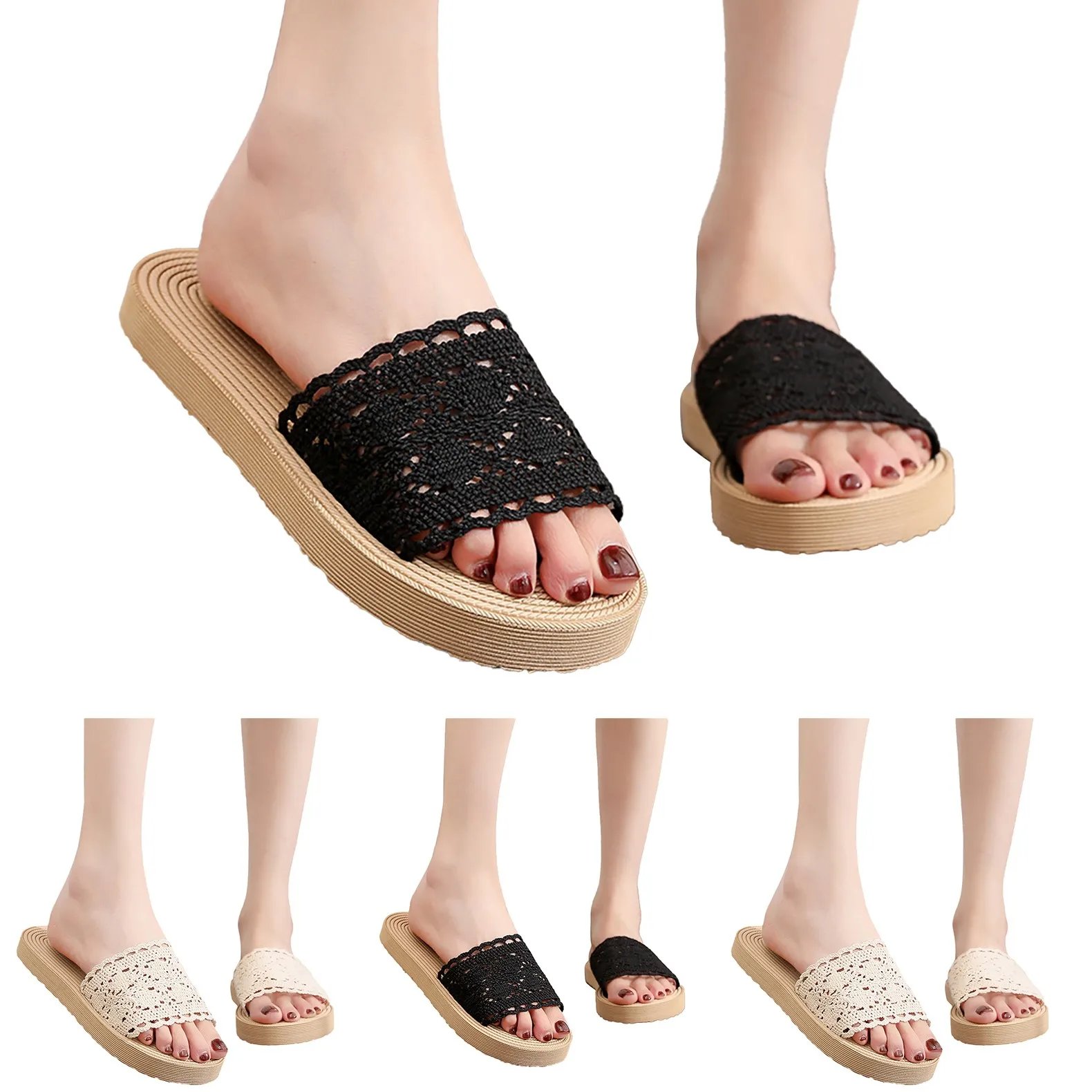 New Home Hollow Embroidery Women Slippers Home Lace Breathable Linen Slippers Ladies Flower Inside Beach Shoes Slides