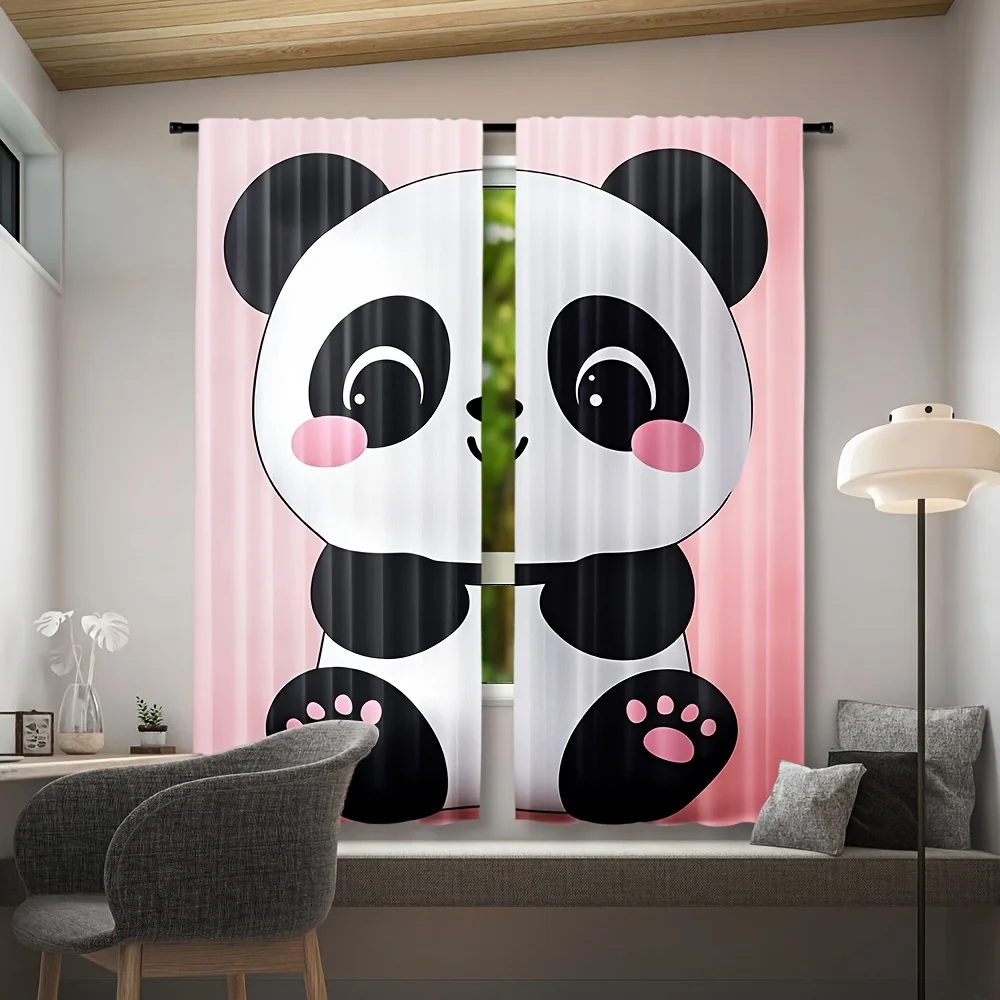 Pink Cartoon Panda Window Curtains 2 Panels, Smiling Giant Panda Pink Blush Paw Simple Sweet Print for Toddler Room Curtain