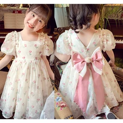 New Summer Princess Girls Dress Full Print Roses Flowers Pearl Inlay Decoration Puff Sleeve Bow Mesh Tutu Party Dresse For Kids