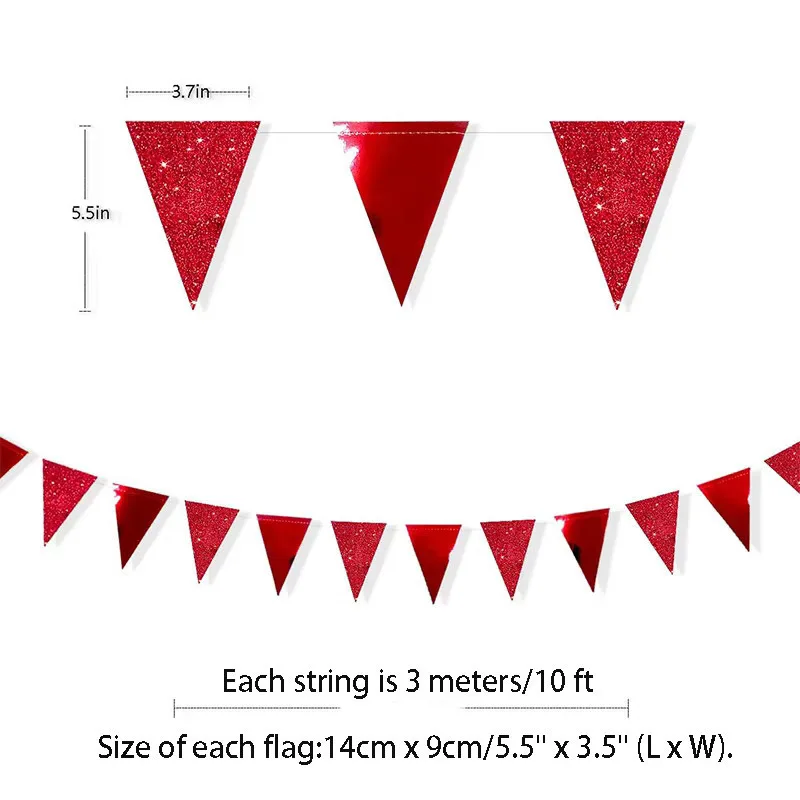 4Pcs Giltter Red Hanging Triangle Flags Banners Backdrop for Engagement Valentine's Day Wedding Bridal Shower Party Decorations