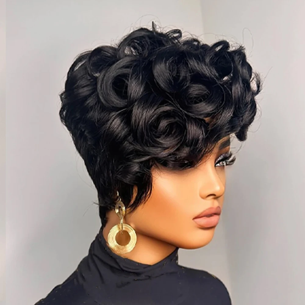 Black Short Curly Pixie Wigs Human Hair 100% Natural Realistic Full Machine Made For Women Bouncy Curl Style Trendy Daily