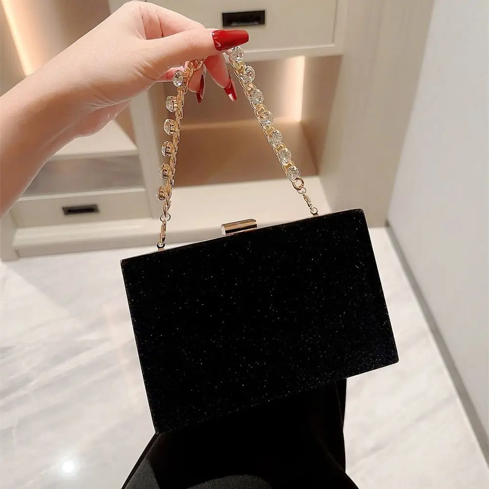 Black Velvet Evening Bag Elegant French Vintage Chain Shoulder Bags Banquet Clutch Women Female