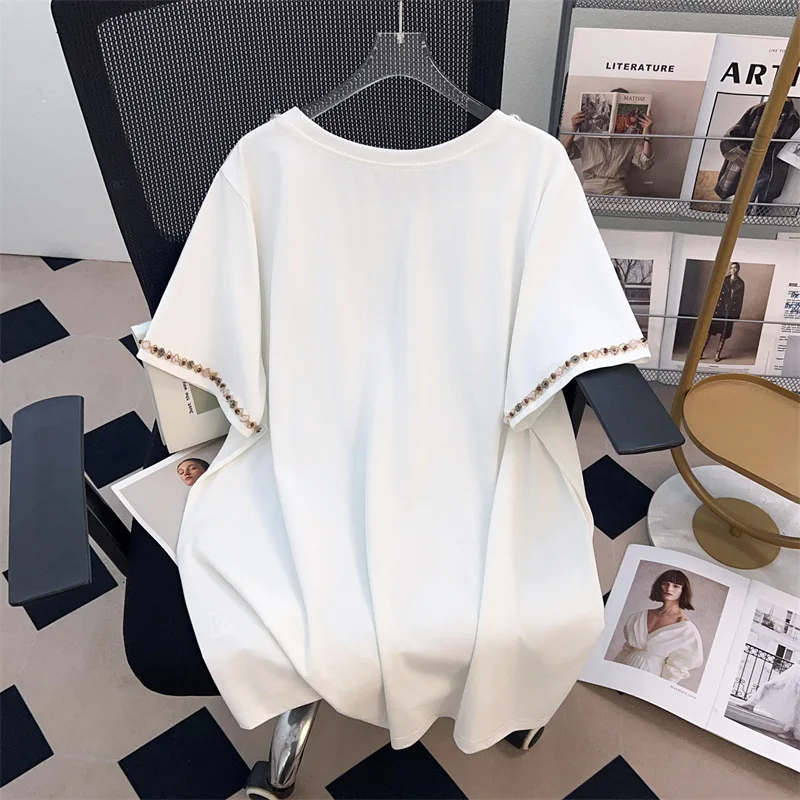 170kg plus size busto feminino 170 verão solto manga curta o pescoço diamante cravejado camiseta preto branco 4xl 5xl 6xl 7xl 8xl 9xl