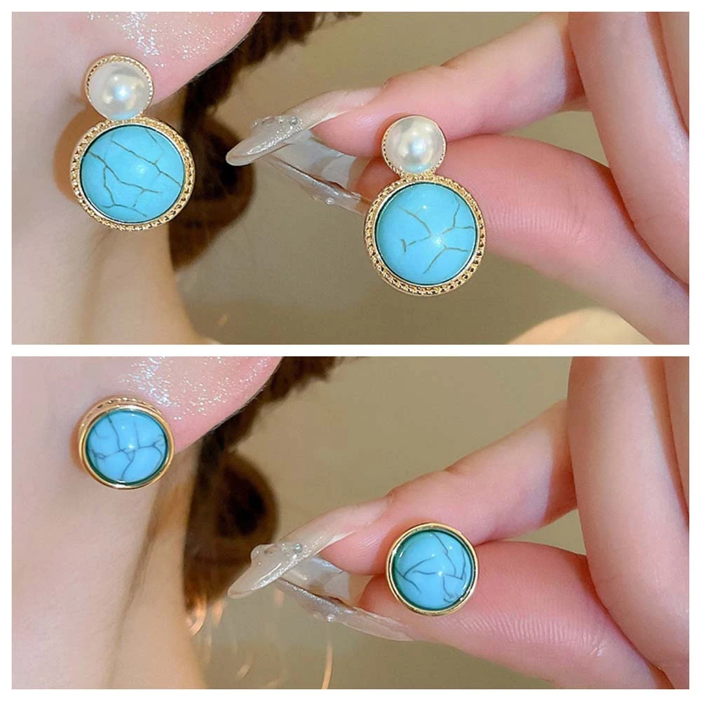 Round Pearl Turquoise Western Country Earrings Jewelry accessories Streetwear Pearl Turquoise Earrings Fashion Ornament