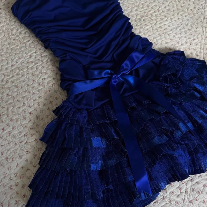 オリジナルレトロ新婦人服 2025 夏ブルーボウチューブトップドレスセクシーな気質ウエスト薄い A ラインショートドレスレディース