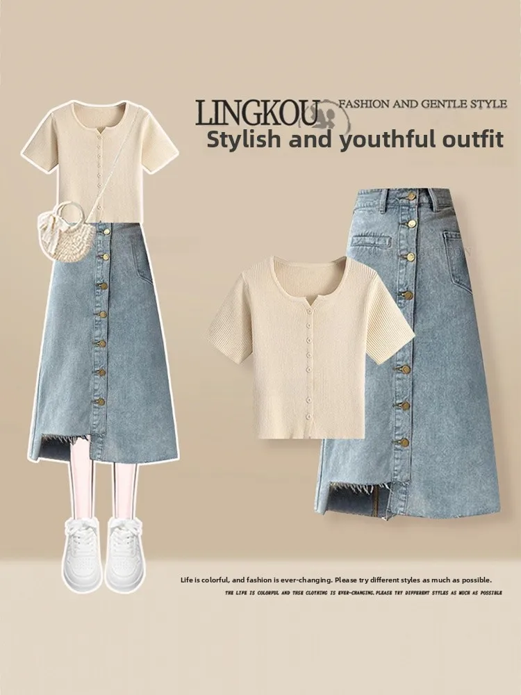 

Fashionable plus Size Summer Outfit Women's Anti-Aging High-End Feelings Shoulder T-Shirt Splicing Slimming Denim Skirt ...