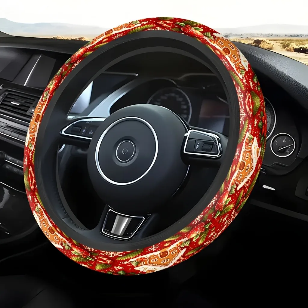 Gingerbread House Christmas Printed Car Steering Wheel Cover, Durable Seamless Design Enhanced Grip Car Interior Accessory
