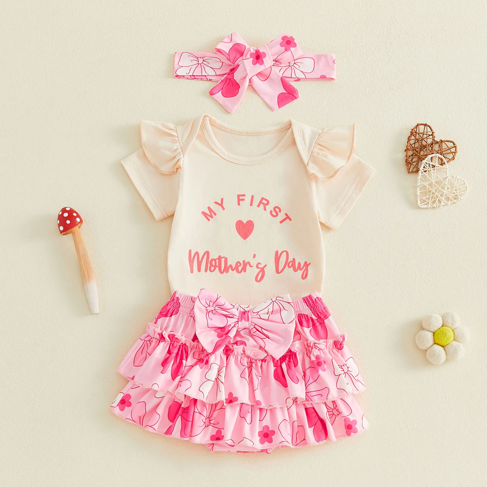 2026 Baby Girl Mother's Day Outfits Short Sleeve Romper  Ruffle Shorts Headband Set Summer Infant Clothes Set