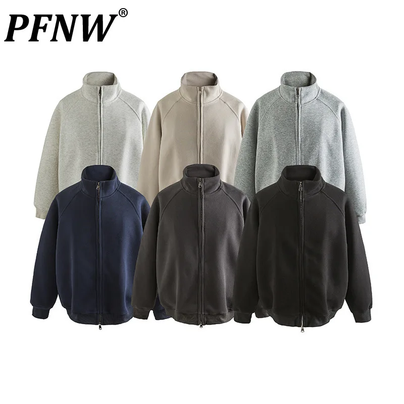 PFNW American Vintage Stand Collat Zipper Cardigan Sweatshirts For Men Spring 2025 New Loose Casual Grey Outerwear Top 12C2234