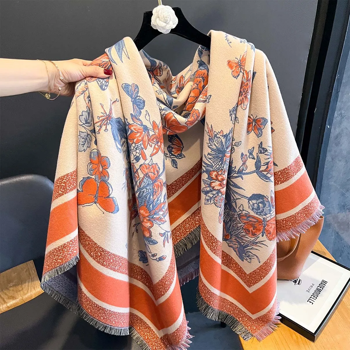 Luxury Women Cashmere Floral Pattern Thick Winter Warm Scarf Big Shawl Fashion Pashmina Blanket Bandana Lady Long Scarves