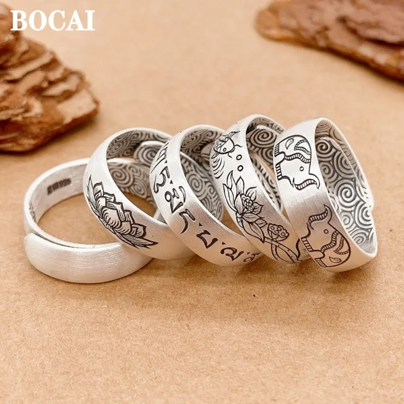 BOCAI New S999 Silver Jewelry Accessories Fashion Laser Multi-Flower Type Personality Retro Lotus Open Ring for Men and Women