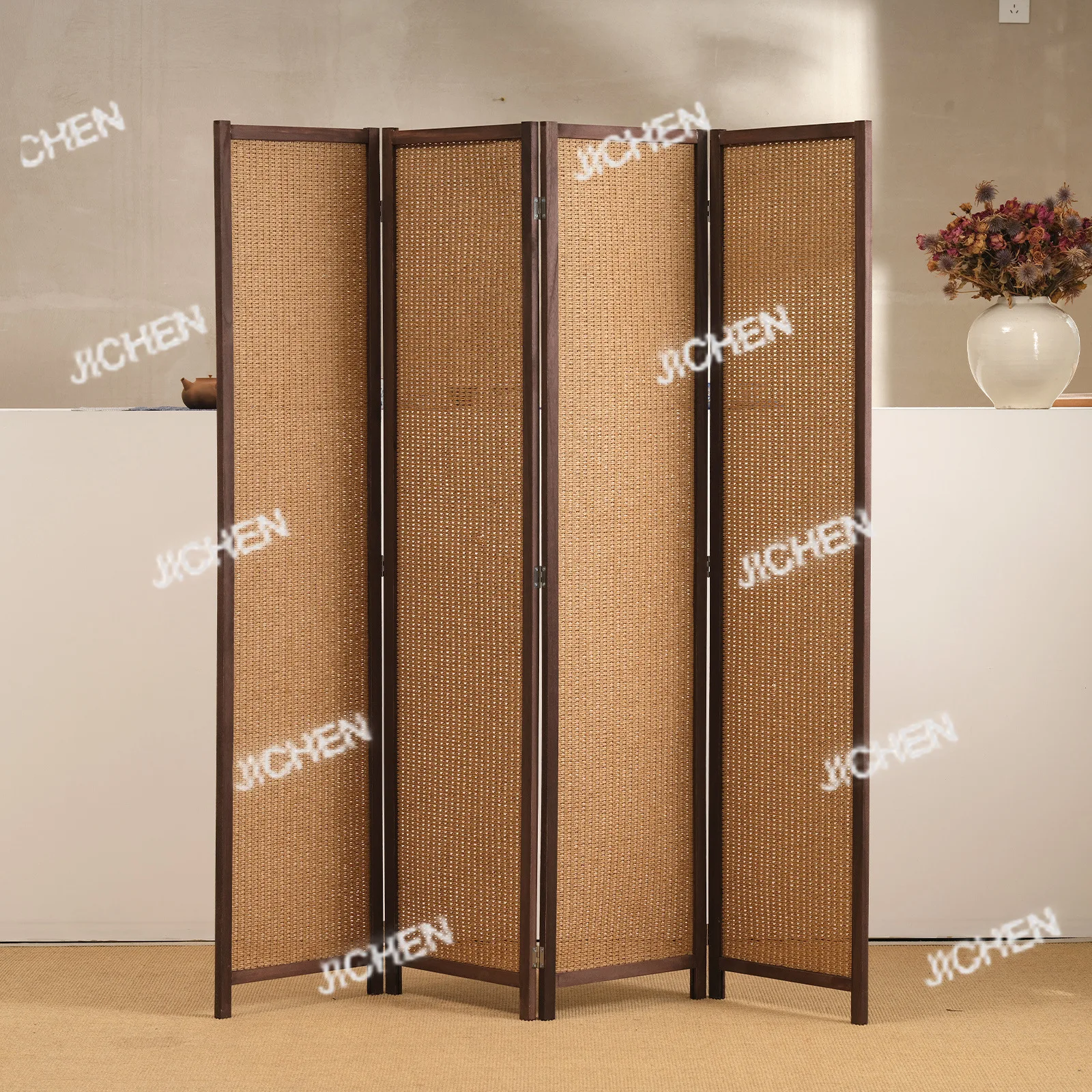 

Customized Chinese solid wood paper rattan screen partition living room hotel dining room background mobile rental partition