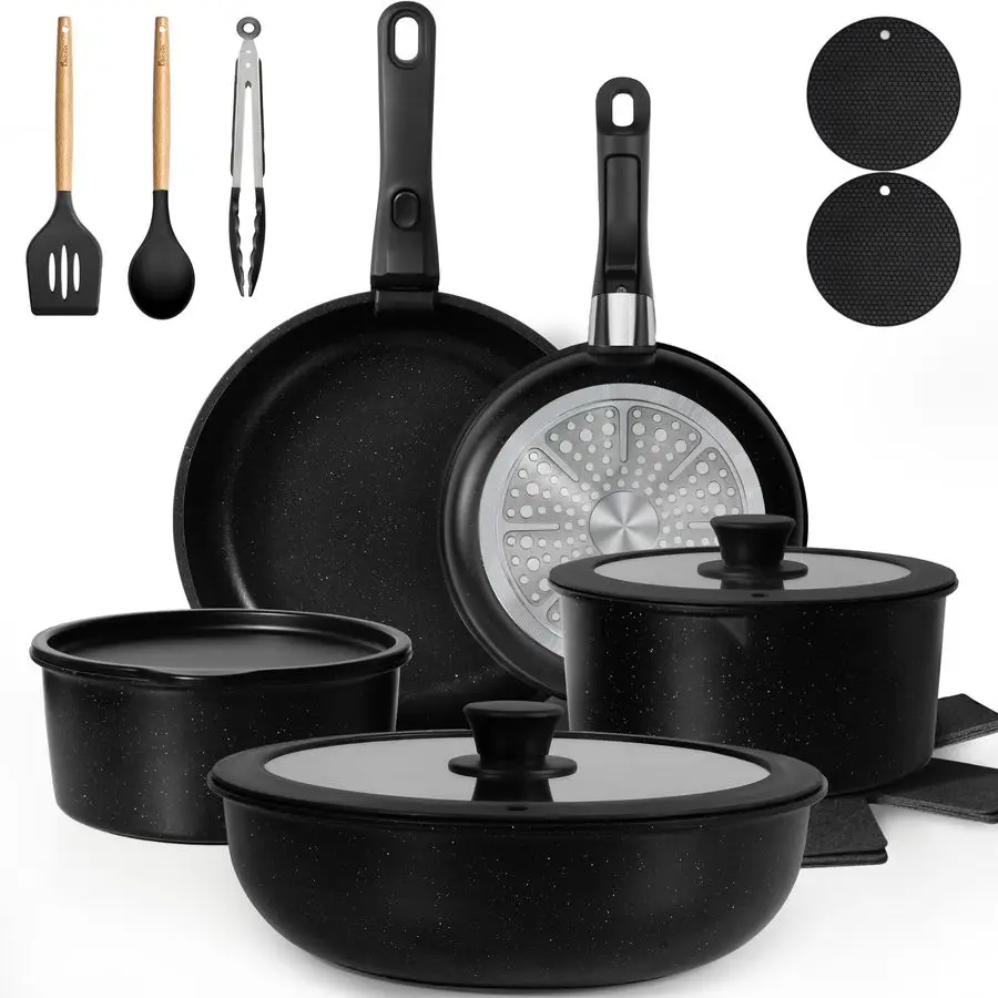 

20 Pcs Pots and Pans Set Non Stick, Detachable Handle Cookware Sets Nonstick, Non Toxic Induction RV Kitchen Cooking Set with Re