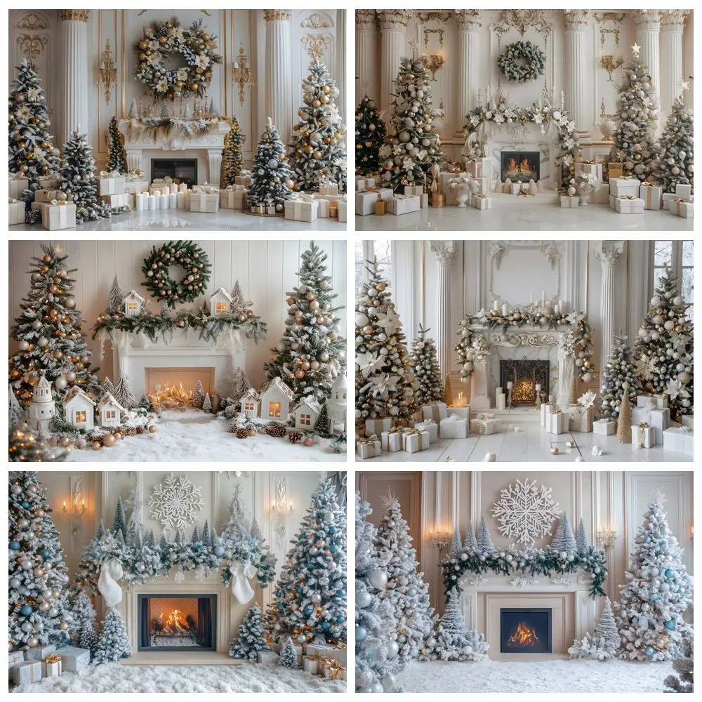 

White Palace Christmas Backdrop Vintage Wall Xmas Tree Gifts Kids Portrait Family Party Phtoography Background Decor Photobooth