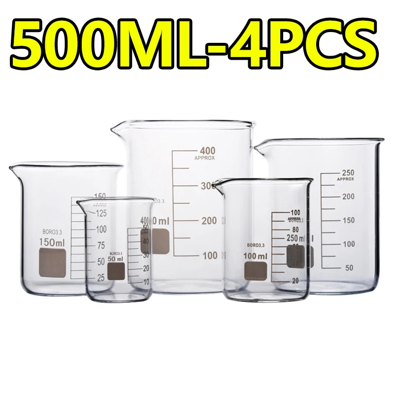 4 pieces of low-profile glass beakers with graduated high borosilicate high temperature resistant chemical beakers 500ml