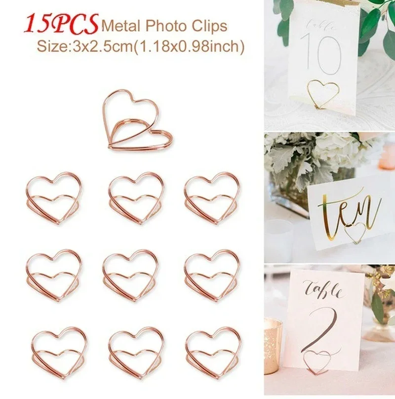 15Pcs Retro Heart‑Shape Metal Photo Clip Rose Gold Paperclip Card Holder Wedding Table Ornament Desktop Stationery Accessories