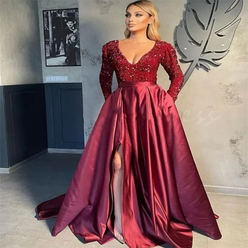 

Customized Luxury A-Line Sequin Evening Dress Sexy V-Neck Long Sleeve High Slit Prom Dress Elegant And Glitter Party Dress 2025