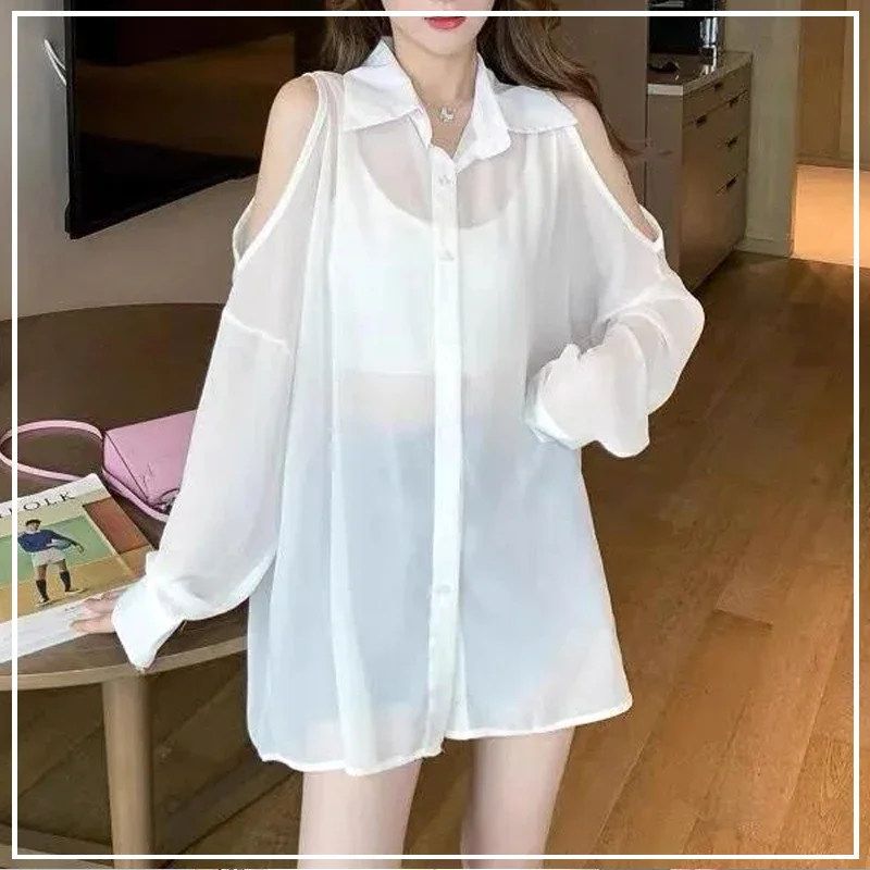 

2024 Summer Sunscreen Fashion Versatile Breathable Solid Color Strapless Thin Style Hollowing Button Women's Chiffon Shirt LU418