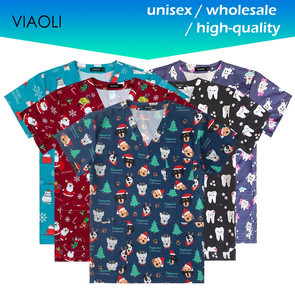 

Wholesale Trendy Scrubs Breathable Nursing Stretch V-Neck Uniforms Unisex Nurse Cartoon Print Scrub Tops Doctor Medical Clothing