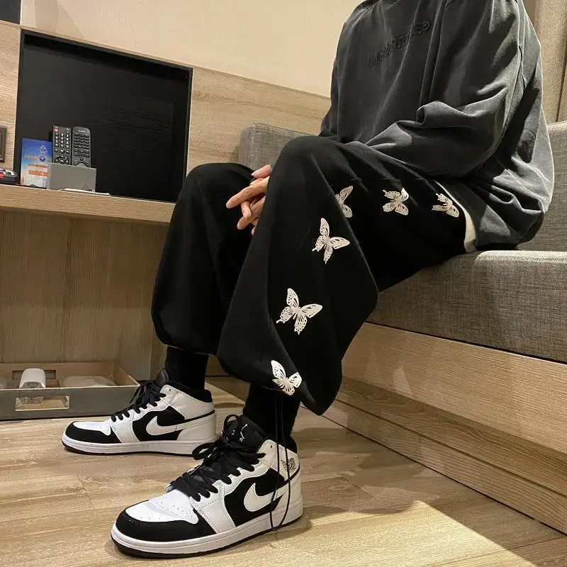 Autumn Winter Butterfly Print Casual Sweatpants Men Elastic Waist Loose Sport Pants Drawstring Pants Big Size Trouser Streetwear