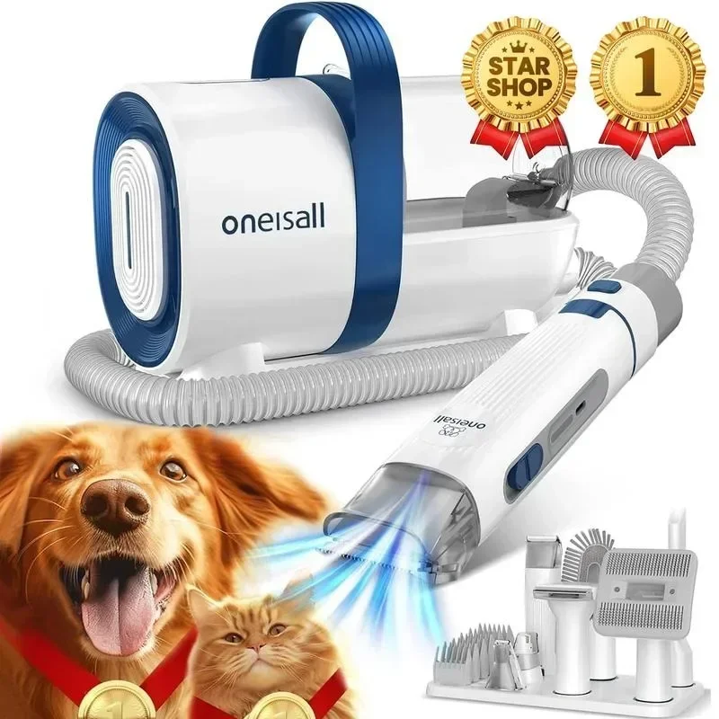 Oneisall Dog Hair Vacuum & Dog Grooming Kit, Pet Grooming Vacuum with Pet Clipper Nail Grinder, 1.5L Dust Cup Dog Brush Vacuum