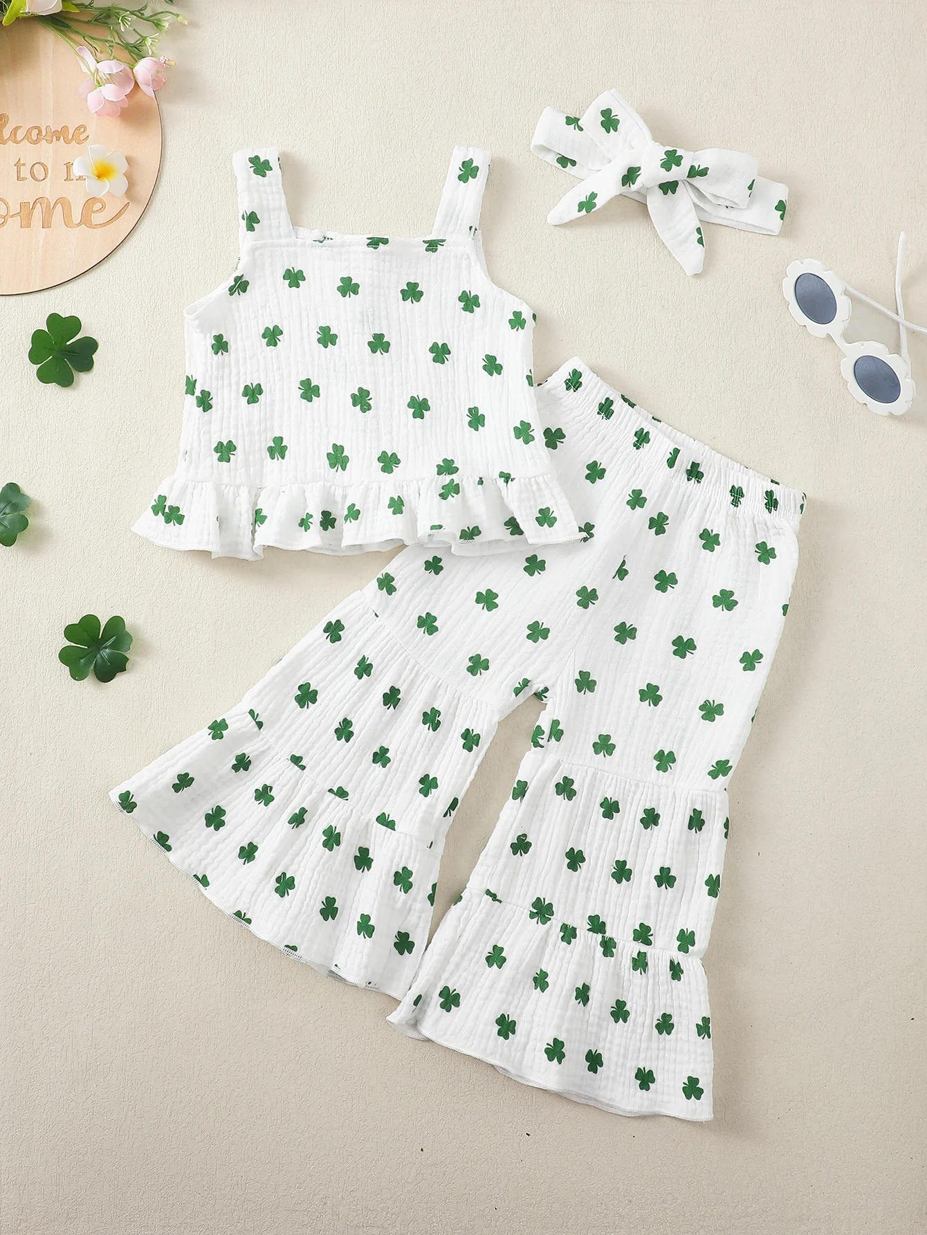 Baby Girl's Lucky Clover Pattern Long Flared Pants Set with Headband Children's Clothing Ensemble for Infants