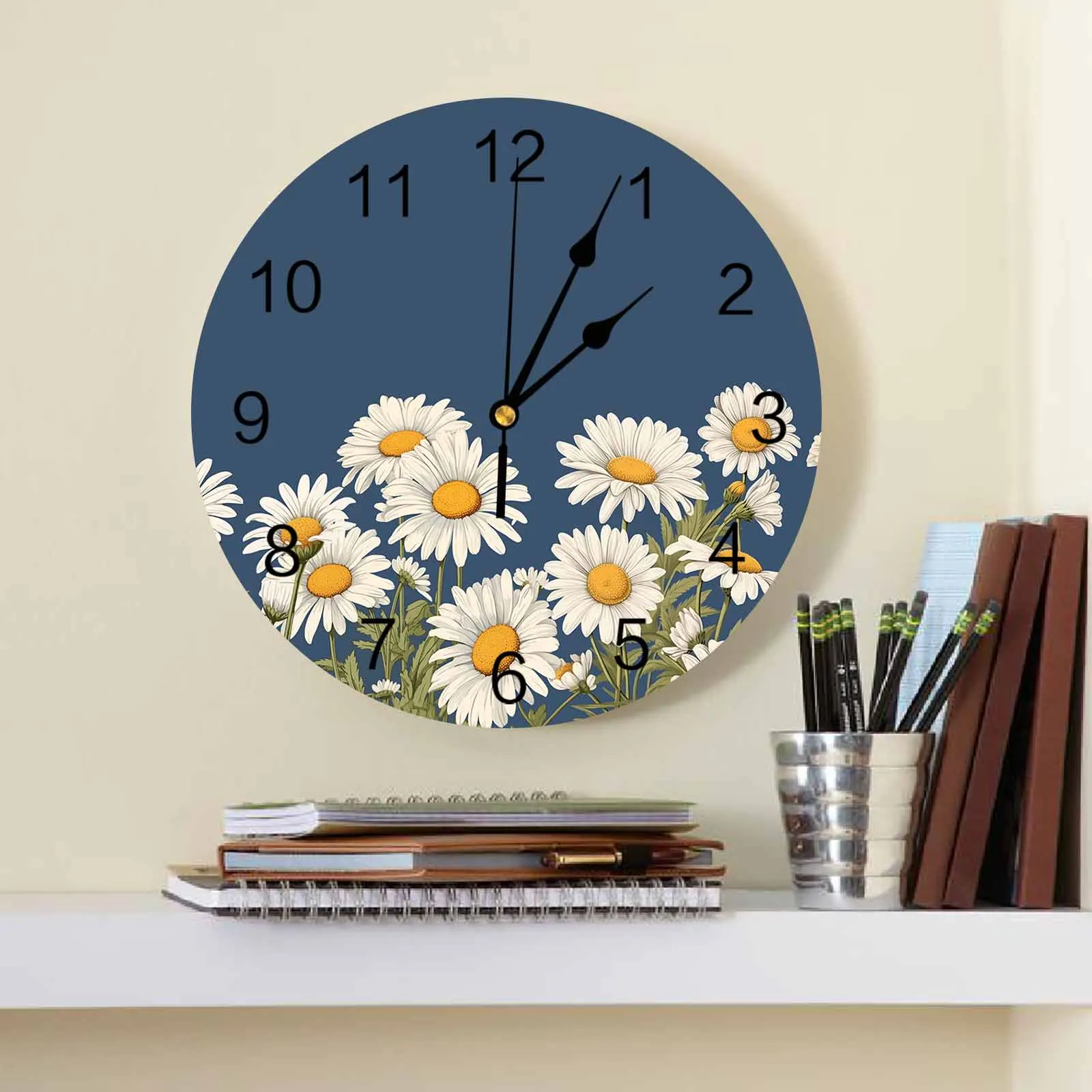 Chrysanthemum Hand Drawn Retro PVC Wall Clock Bedroom Decoration Wall Clock Modern Design Home Decore Wall Digital Clock