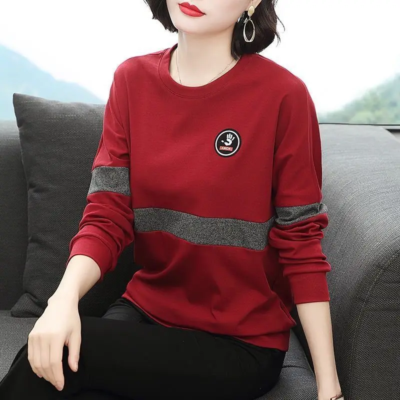 Fashion O-Neck Long Sleeve Spliced All-match T-Shirts Women Clothing 2024 Autumn Winter New Loose Casual Tops Commuter Tee Shirt