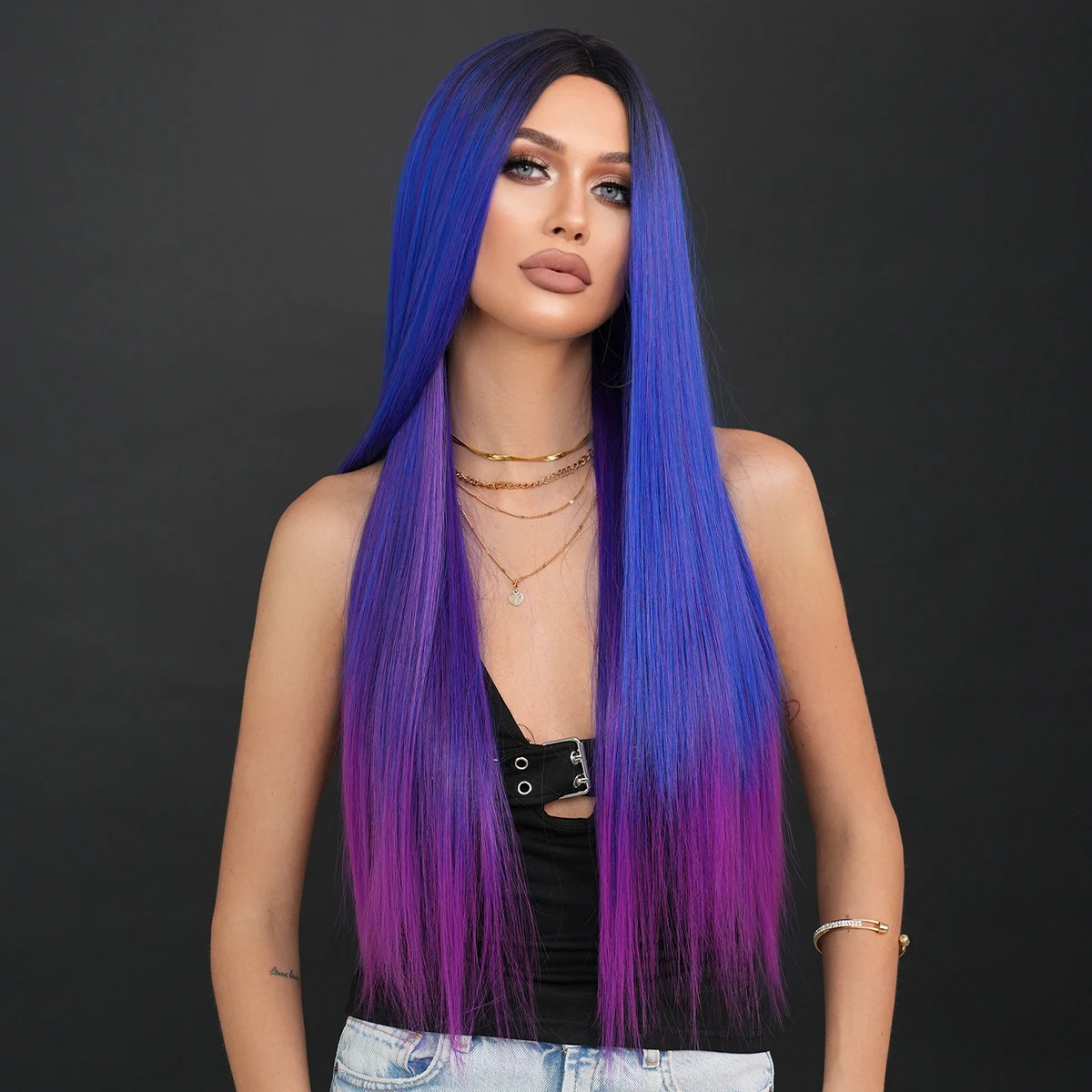 NAMM Synthetic Long Straight Wigs For Women Blue purple gradient Daily Party Use Dark Roots High Density Layered Hair Wigs