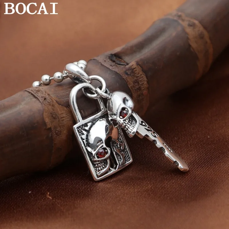 

BOCAI NEW S925 Sterling Silver Retro Personality Red Eye Skull Key Lock Pendant Couple Style