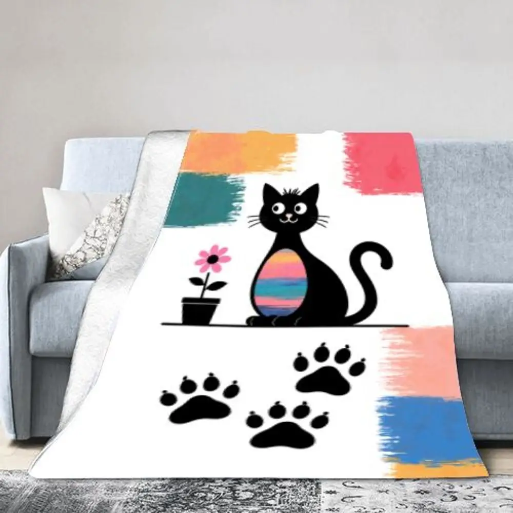 بطانية رمي قطة سوداء رائعة بتصميم وجه وردي وأبيض - بطانية صوف ناعمة ومريحة تتميز بطن متدرج من الوردي، Bl #1