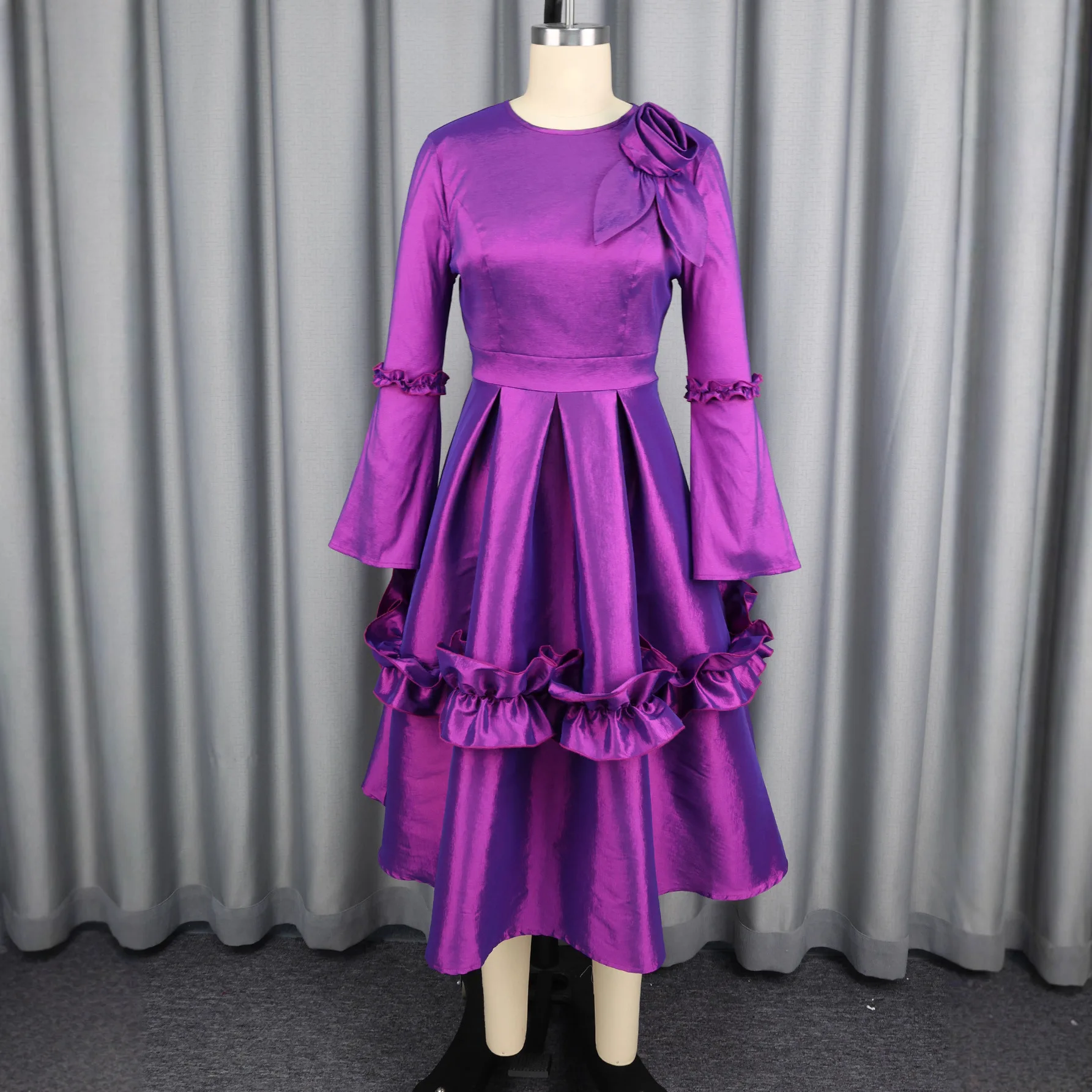 

Purple Plus Size African Dresses for Women Elegant 2026 Spring Summer Africa Long Sleeve O-neck Party Evening Midi Dress Outfits