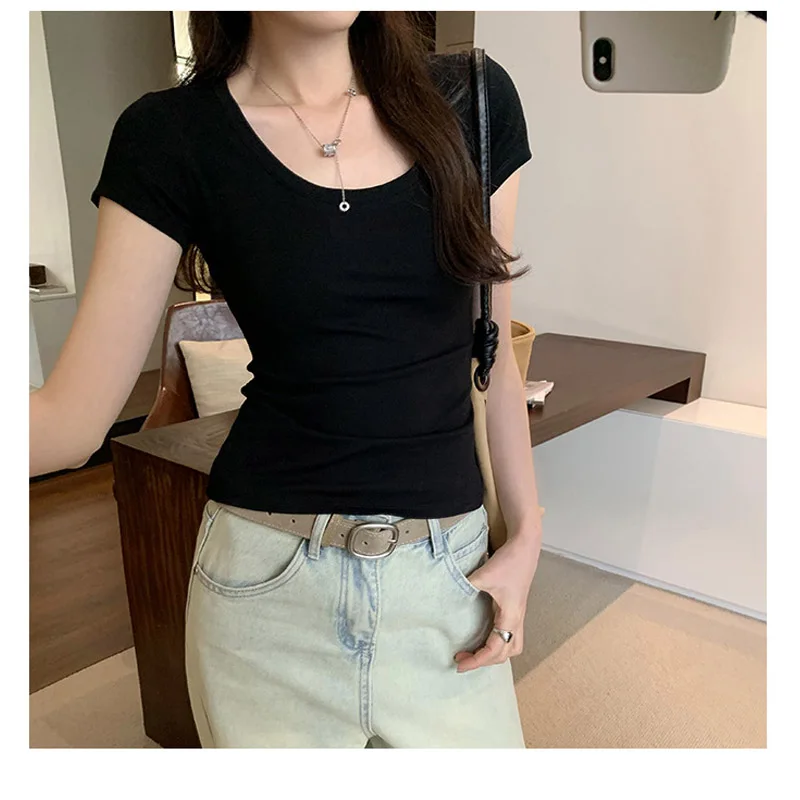 Camiseta informal de algodón para mujer, camisetas de manga corta, ropa de moda para mujer, camiseta básica ajustada con