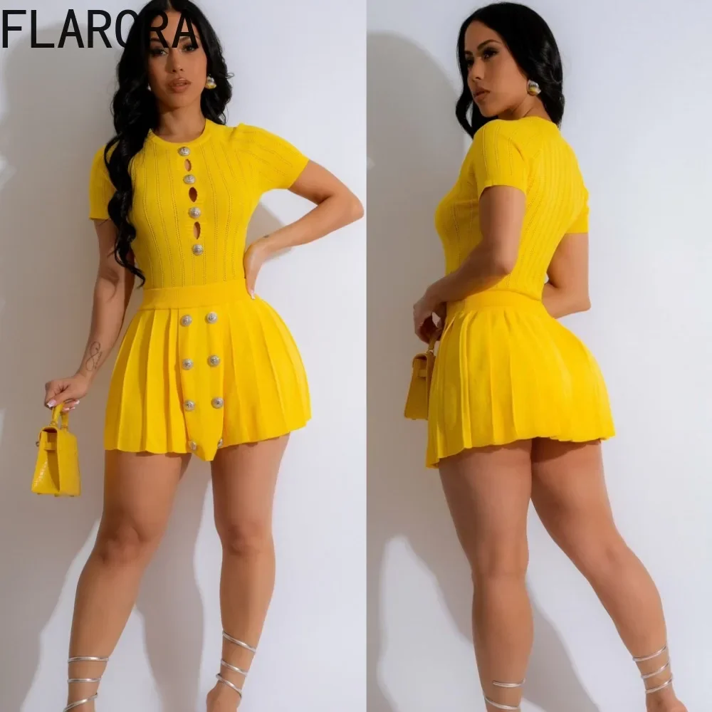 FLARORA Fashion Sweet Streetwear Woman Hollow Knitting Round Neck Short Sleeve Tops and Mini Pleated Skirts Two Piece Sets New