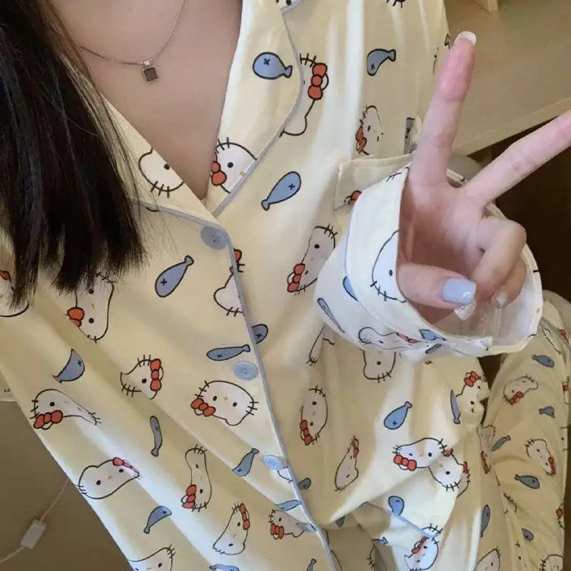 

Комплект пижам Sanrio Hello Kitty, мягкий хлопковый комплект домашней одежды для женщин, новинка весны и осени, милый комплект ночного белья с длинными рукавами и длинными брюками с героями мультфильмов