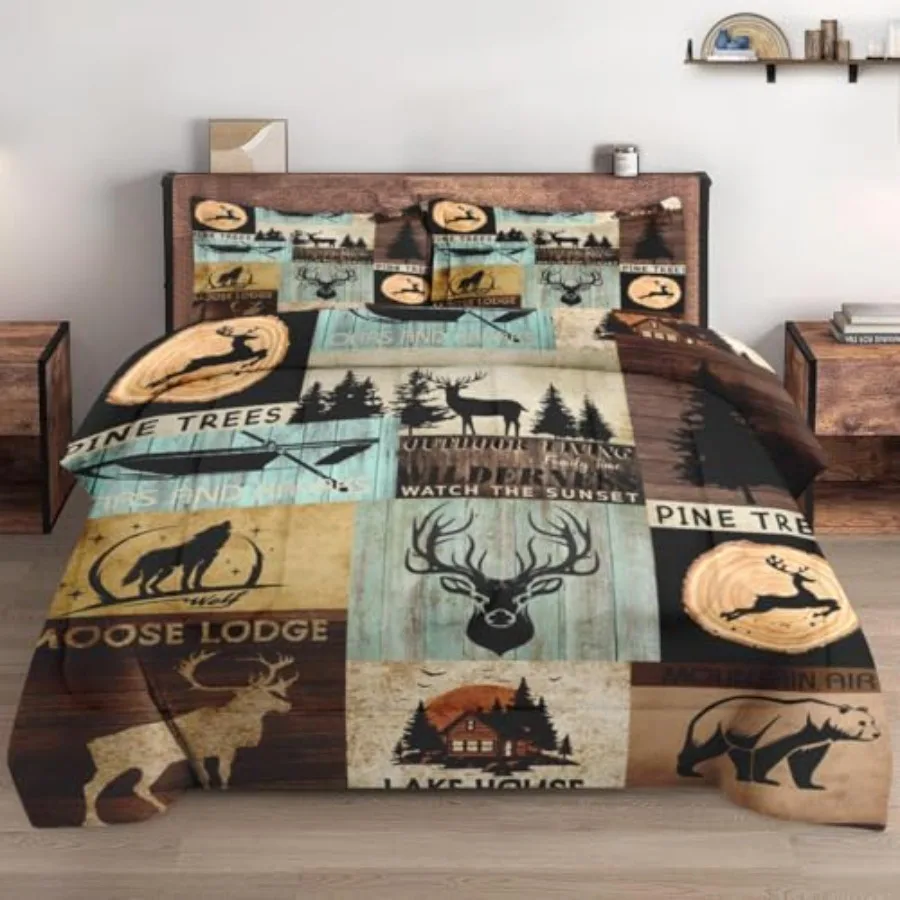 

Size Comforter Set with 2 Pillowcases, 3 Pcs Bedding for and Adults, Bear Wolf Tree Woodboard Soft Comforter Set for Bedroom Be