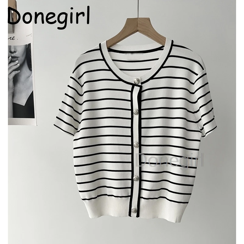 Donegirl Women Vintage Striped Knitted Cardigan Button Round Neck Short Sleeves for Holiday Casual Female Sweater