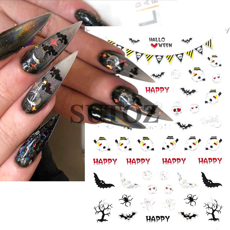 Embossed 3D Witches Nails Stickers Gold Black Witche Broom Boots Relief Design DIY Halloween Dark Style Manicure Decal CK-007