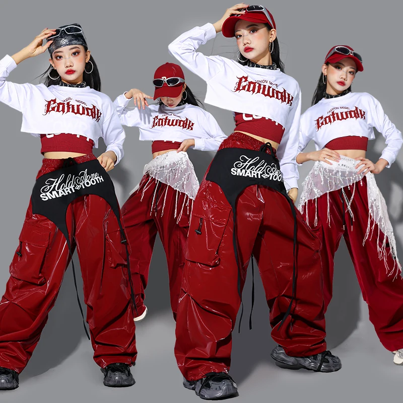 ジャズダンス服女の子 Kpop ステージ衣装赤ヒップホップズボン学校パフォーマンスショー衣装子供ストリートダンスウェア AMY2786