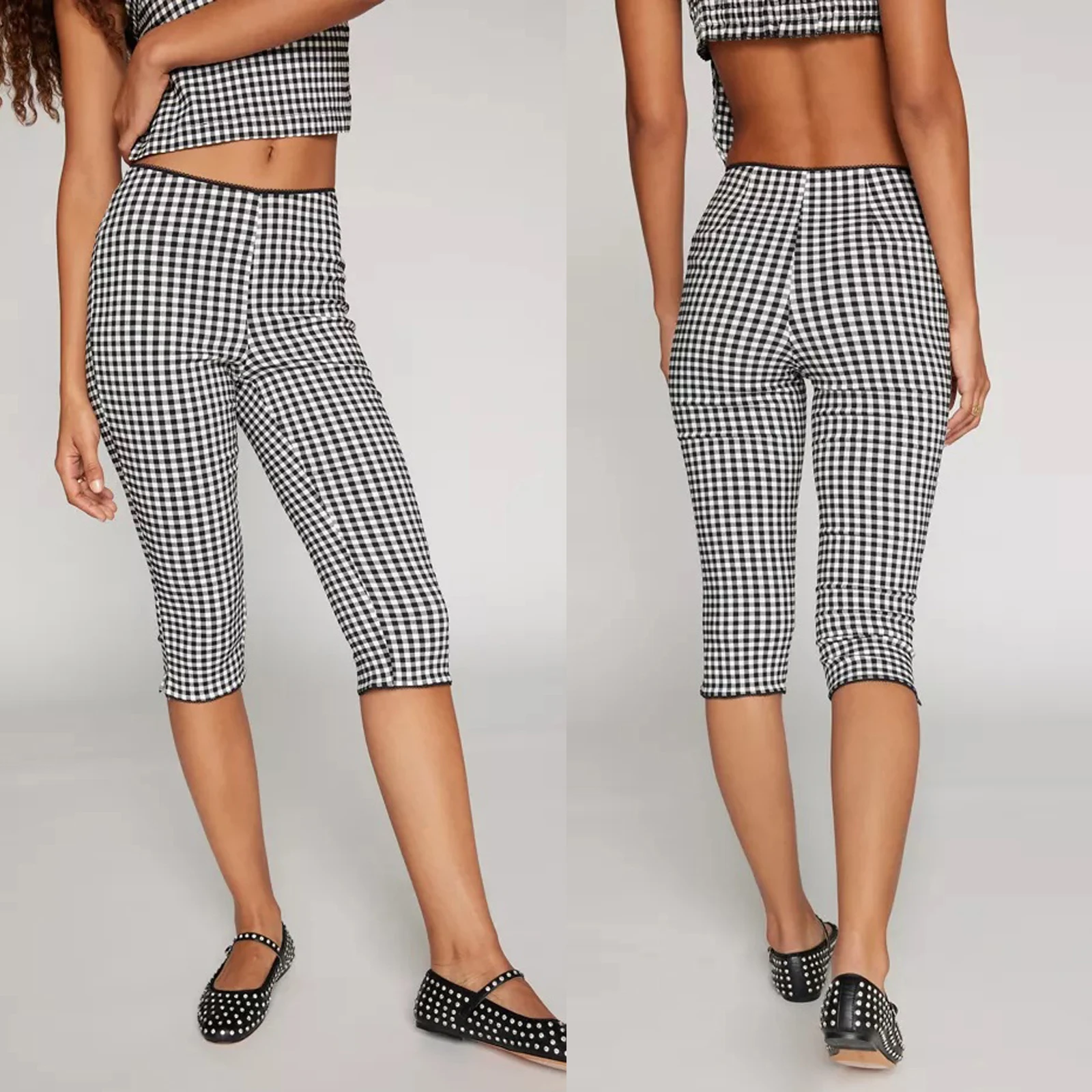 Women Gingham Capri Pants Plaid Cropped Pants Skinny Trousers 3 4 Length Pants Summer Going Out Bottoms