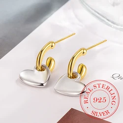 925 Sterling Silver Vintage Gold and Silver Heart Stud Earrings for Women Girls S925 Wedding Party Jewelry Gift Aretes De Mujer