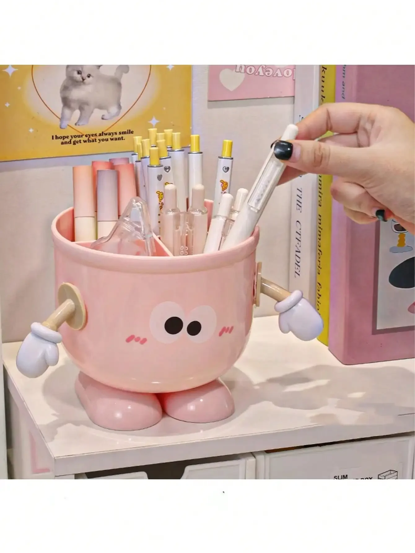 

Cute Cartoon Face Large Capacity Pen Holder - Office Desk Organizer Box For Pens, Markers And Stationery, Portable Design Suitable For Students And Office, Blue And Pink With Playful Happy Faces, Office Supplies And Accessories Office Desk Accessories Des