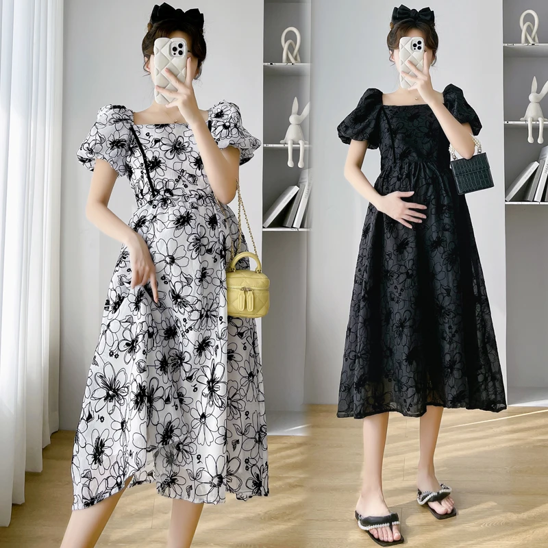 2024 Summer Pregnant Woman Party Dress Puff Sleeve Square Collar Maternity Elegant Dress Pregnancy Princess Dress Black Floral