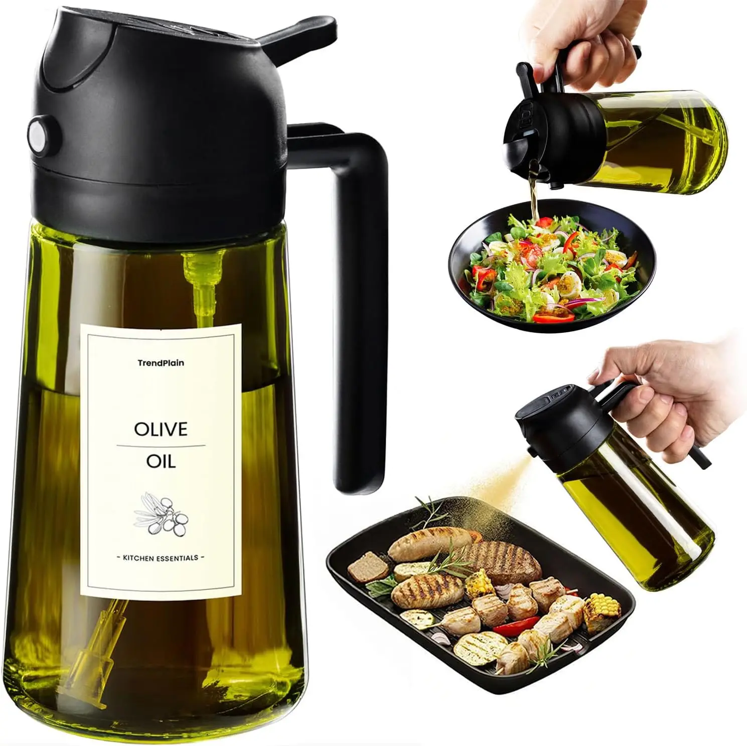 2-in-1 Oil Sprayer & Pourer, Press Mist/Stream, Leakproof Glass Bottle W/8 Labels for Air Fryer, Salad, Cooking