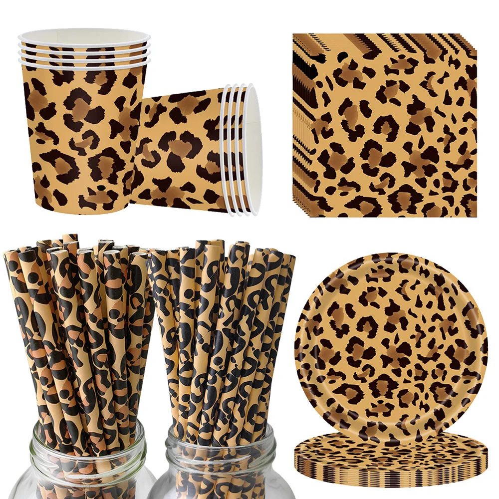 Geschirr mit Leopardenmuster, Safari-Tier-Geburtstagsparty, Pappteller, Servietten, Tassen, Strohhalme, Dekorationen, Partys mit Leopardenmotiv – Detail 2