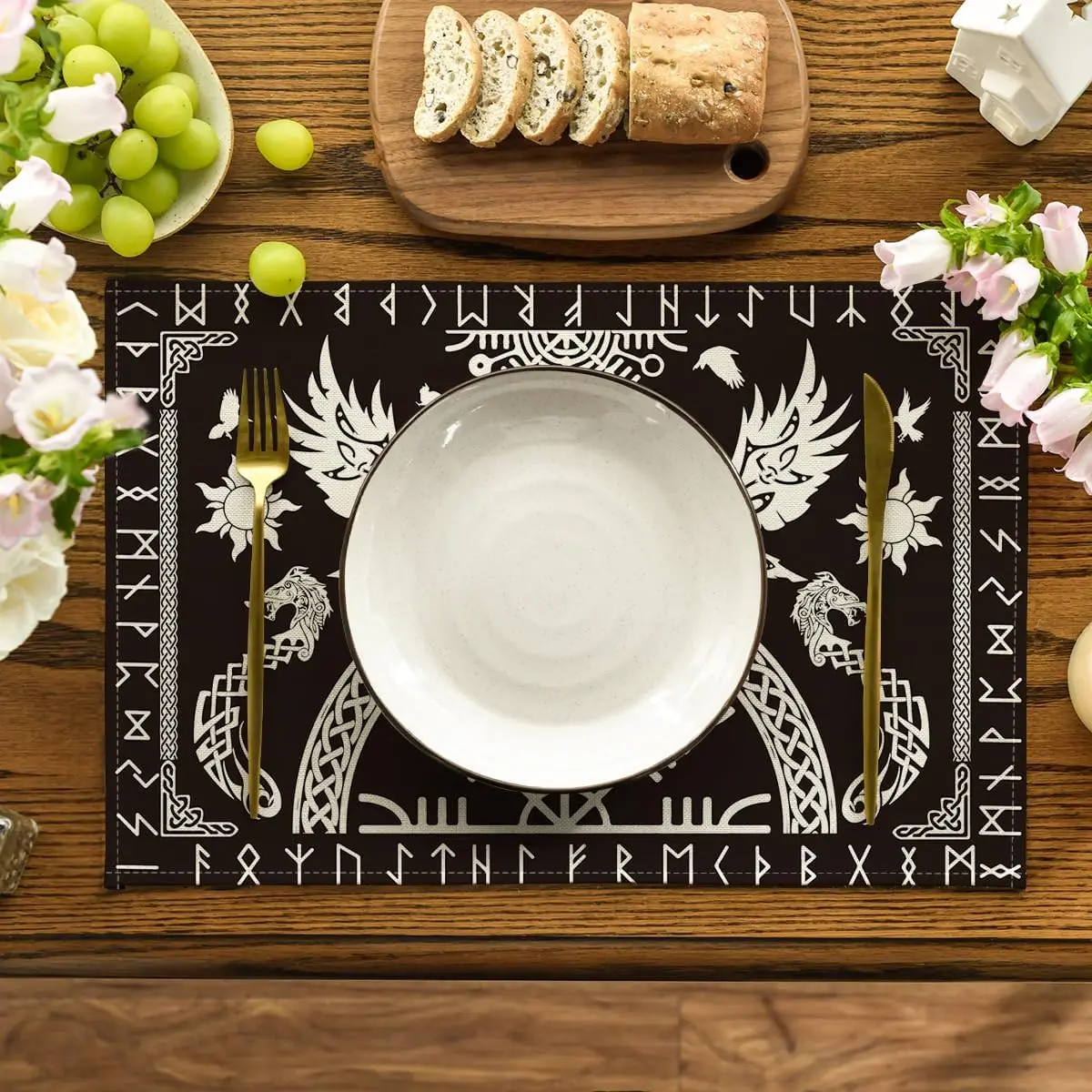 Black Viking Tree Of Life Raven Helmet Of Awe Placemats Set Of 4,12x18 Inch Seasonal Table Mats For Party Kitchen
