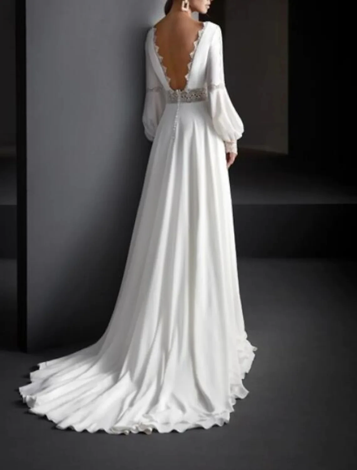 A-line Wedding Dress 2023 Long Puffy Sleeve Satin Chiffon Backless Lace Appliques Bridal Gown Spring Party Prom Robe De Mariage