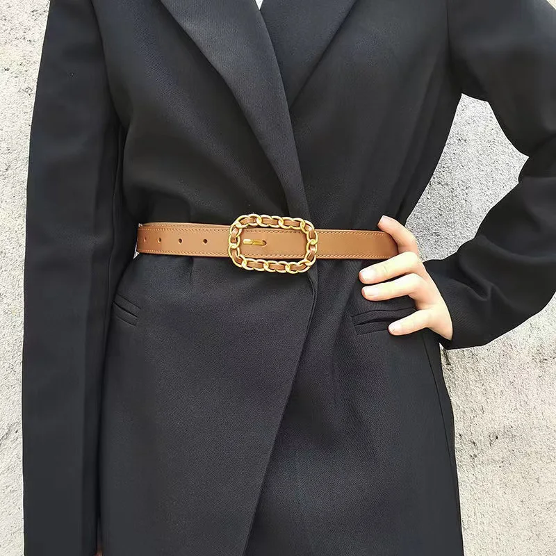 

Fashion Women Twist Gold Rectangle Buckle Belt Ins Wind Adornment PU Leather Belt Matching Skirt Pants Sweater Women Waintband